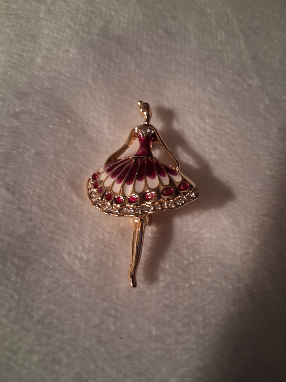 Gold Ballet Dancer Brooch with Pink and White Enamel